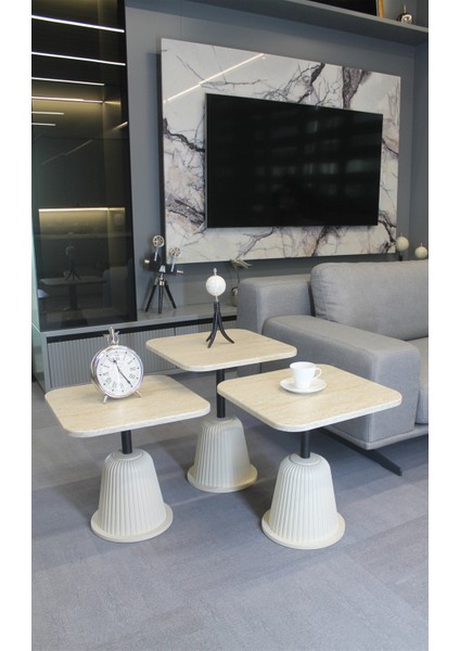 Venedik Zigon Sehpa Traverten Mdf (Komple Krem) - Zigon Sehpa 3'lü