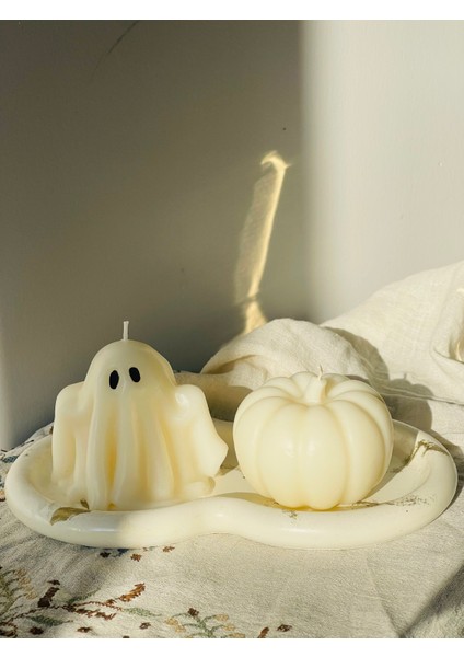 El Yapımı 3’lü Dekoratif Mum Seti – Hayalet Mum, Balkabağı Mum ve Mermer Dokulu Beton Tabak – Hediye ve Ev Dekorasyonu Seti