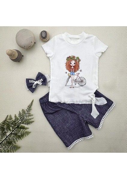 Litaetrend 1-2-3 Yaş Bisikletli Kız Baskılı Bandanalı Kot Desenli Şort Kısa Kollu Tişört 3lü Kız Bebek Takımı Lacivert