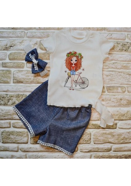Litaetrend 1-2-3 Yaş Bisikletli Kız Baskılı Bandanalı Kot Desenli Şort Kısa Kollu Tişört 3lü Kız Bebek Takımı Lacivert fiyatları