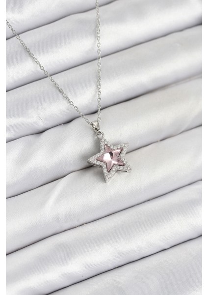 316L Çelik Zincir Gümüş Renk Pembe Taşlı Yıldız Model Kadın Kolye - TJ-BKO10620