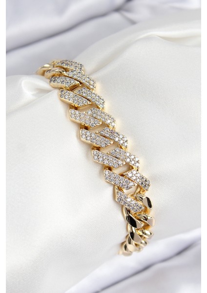 Vıp Pirinç Zirkon Taşlı Cuba Model Gold Renk Kadın Bileklik - TJ-BB7765