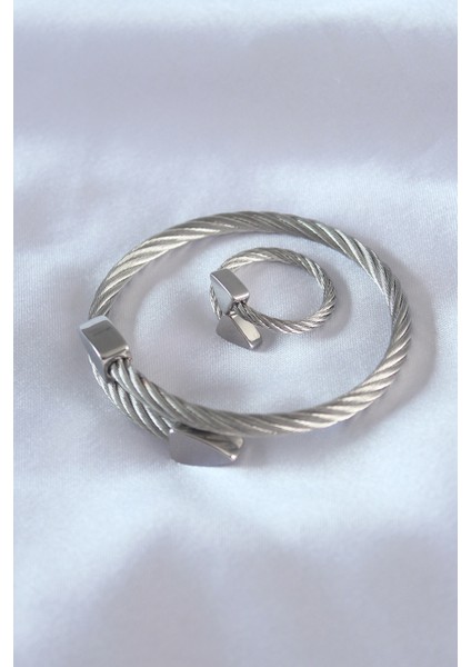 Çelik Gümüş Renk Burgu Model Erkek Bileklik Yüzük Seti - TJ-EB3592