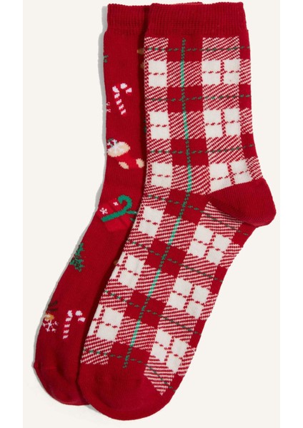 Kadın Yılbaşı Temalı 2'li Pamuklu Uzun Çorap