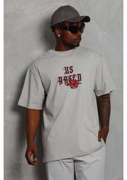 Unisex Oversize Baskılı Bisiklet Yaka T-Shirt - Gri indirimleri