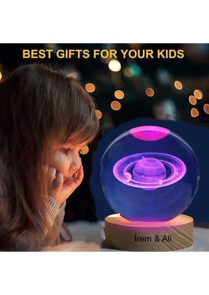 Kişiye Özel Büyük Boy Işıklı Ahşap Kaideli Satürn Cam Küre 8cm