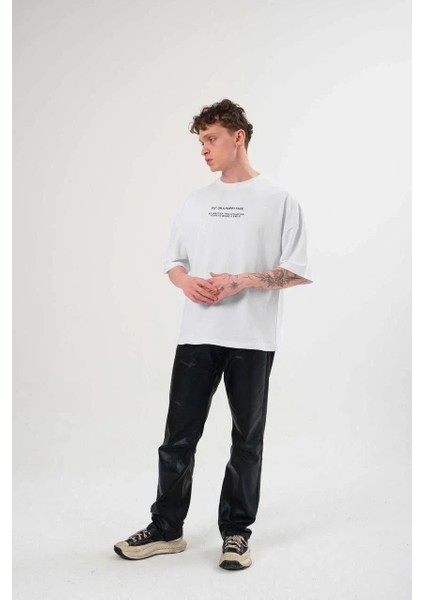 Unisex Bisiklet Yaka Baskılı Oversize T-Shirt - Beyaz