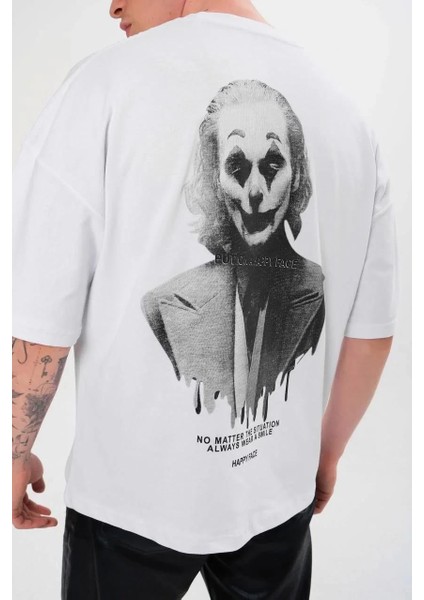 Unisex Bisiklet Yaka Baskılı Oversize T-Shirt - Beyaz fiyatları