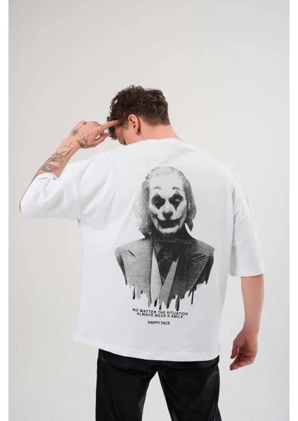 Unisex Bisiklet Yaka Baskılı Oversize T-Shirt - Beyaz modelleri