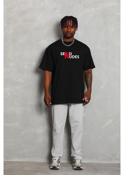 Unisex Bisiklet Yaka Double Oversize Baskılı T-Shirt - Siyah fiyatları