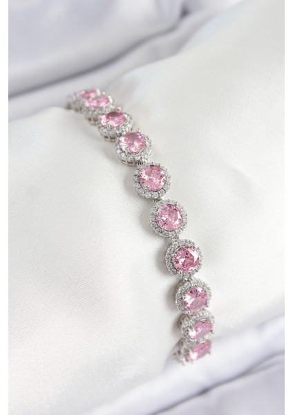 Pirinç Pembe Zirkon Taşlı Daire Baget Model Gümüş Renk Vıp Seri Kadın Bileklik - TJ-BB7511
