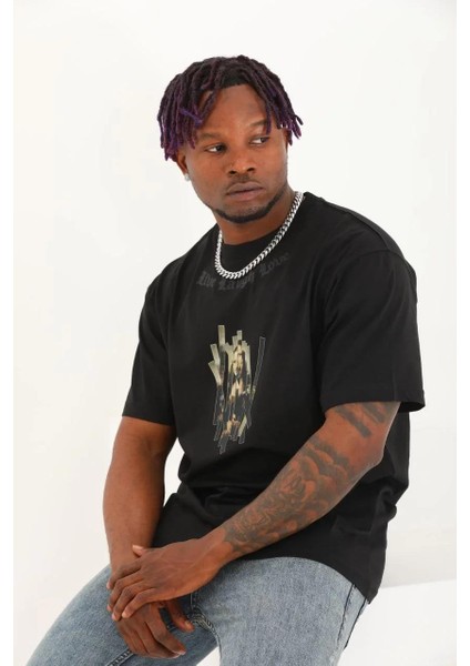 Unisex Oversize Baskılı Bisiklet Yaka T-Shirt - Siyah fiyatları