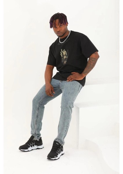 Unisex Oversize Baskılı Bisiklet Yaka T-Shirt - Siyah modelleri