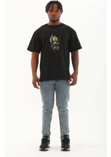 Unisex Oversize Baskılı Bisiklet Yaka T-Shirt - Siyah fırsatları