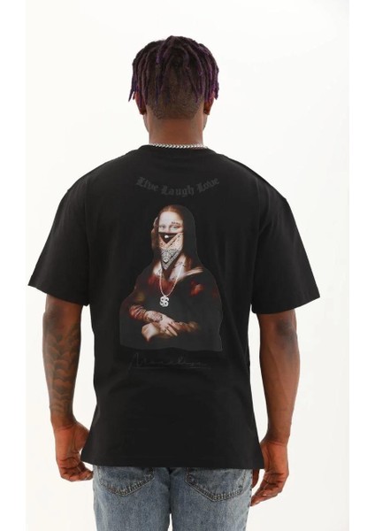 Unisex Oversize Baskılı Bisiklet Yaka T-Shirt - Siyah indirimleri