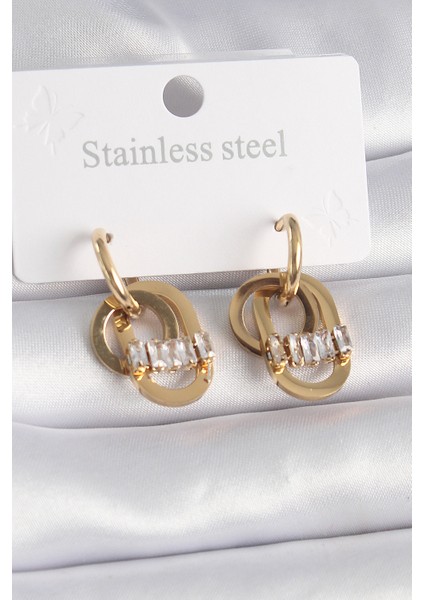 316L Çelik Gold Renk Zirkon Taşlı Halka Model Kadın Küpe - TJ-BKP9571