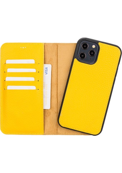 Apple iPhone 12 Pro Max Uyumlu Deri Cüzdanlı Kılıf FL12 Sarı