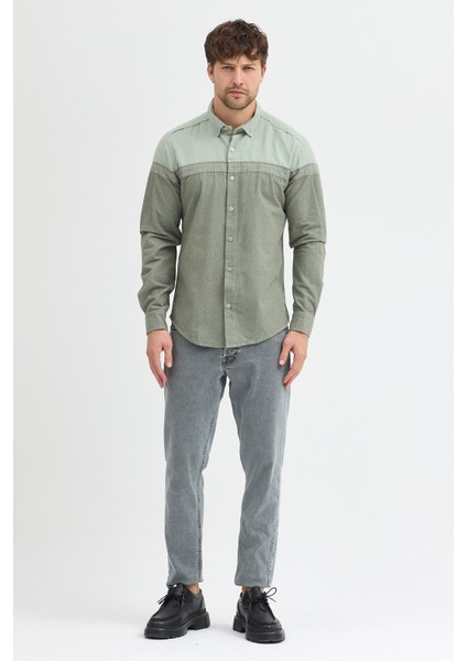 Premium Slim Fit Yün Karışımlı Kontrast Parçalı Uzun Kollu Gömlek