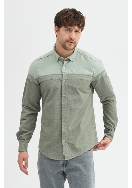 Premium Slim Fit Yün Karışımlı Kontrast Parçalı Uzun Kollu Gömlek modelleri