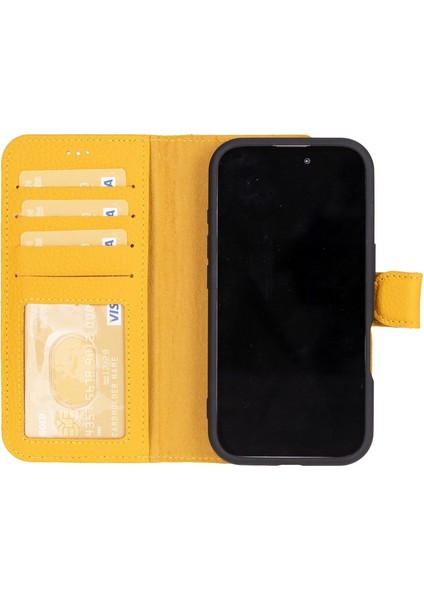 Apple iPhone 16 Plus Uyumlu, Hakiki Deri, El Yapımı, Cüzdanlı Kılıf, Limon Sarı fiyatları