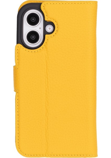 Apple iPhone 16 Plus Uyumlu, Hakiki Deri, El Yapımı, Cüzdanlı Kılıf, Limon Sarı indirimleri