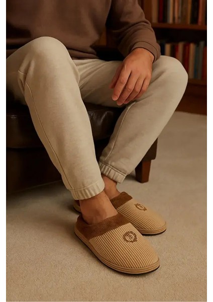 Nordik Erkek Panduf Bohça Fitilli Kadife Kumaş Nakışlı Rahat Yumuşak Taban Kürklü Ev Içi Ayakkabı