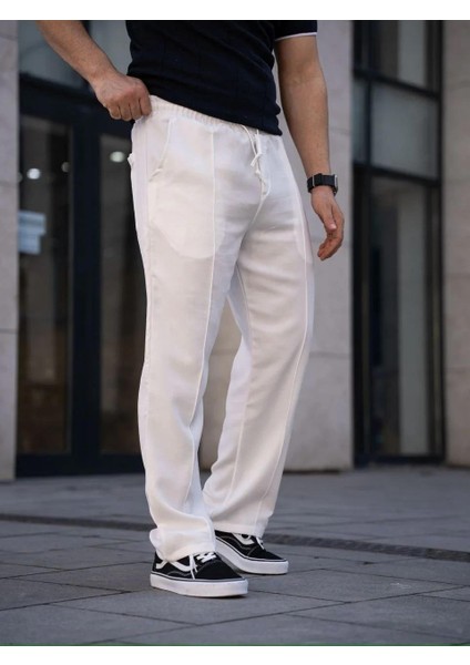 Erkek Keten Cepli Çıma Dikişli Jogger Buggy Pantalon Rahat Kalıp - Beyaz