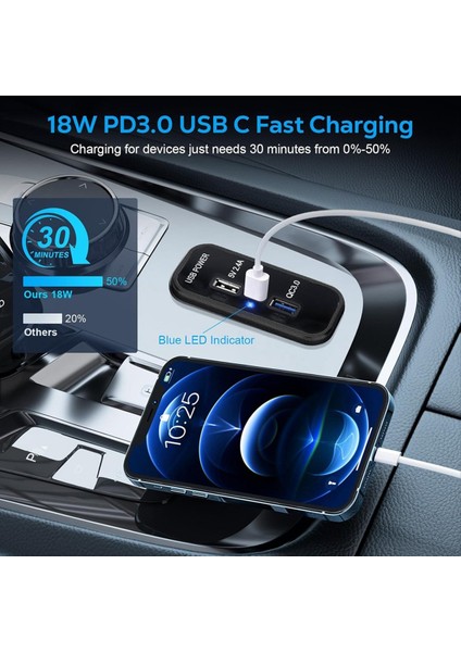 3 Port 12V USB Priz Şarj Cihazı, Pd3. 0 Tip C, Qc 3.0 USB A ve 2.4 A USB Hızlı Şarj Soketi Adaptörü Araba Deniz (Yurt Dışından) modelleri