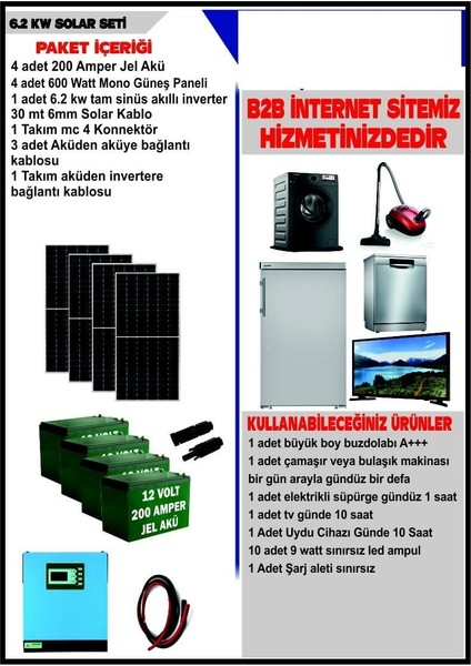 Solar 6.2 Kw Set - 2400 Watt Panel - 800 Amper Jel Akü - 6200 Watt Tam Sinüs Akıllı Inverter