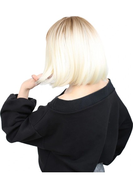 Kısa Küt Perçemli Fiber Sentetik Peruk - Balköpüğü / Platin Ombreli modelleri