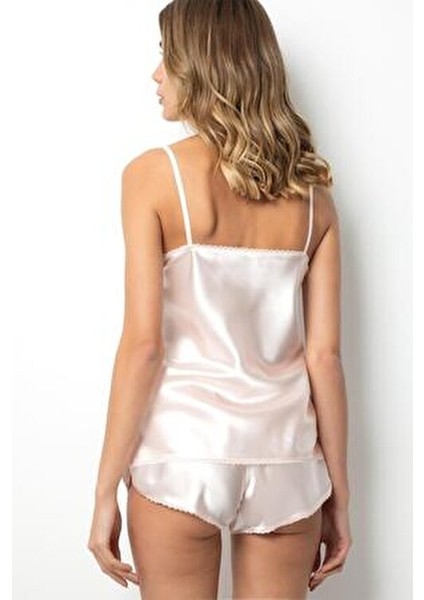 Dantel Detaylı Kadın Saten Şortlu Takım Rahat Kesim Pudra Renkli