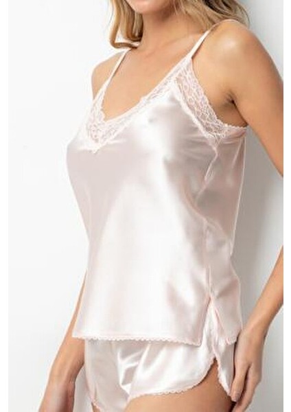 Dantel Detaylı Kadın Saten Şortlu Takım Rahat Kesim Pudra Renkli