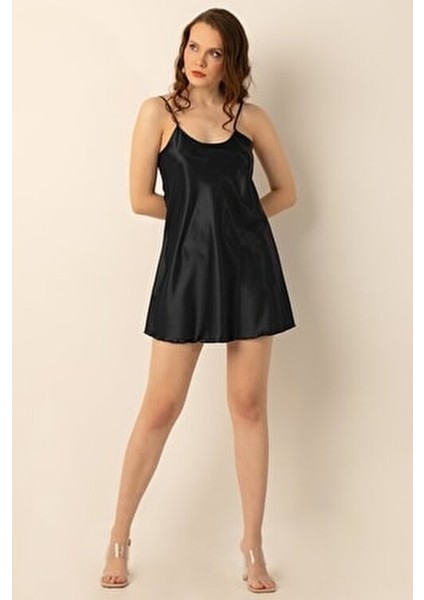 Kısa Saten Gecelik İnce Askılı Kadınlar İçin Şık Tasarım Siyah Renk fiyatları