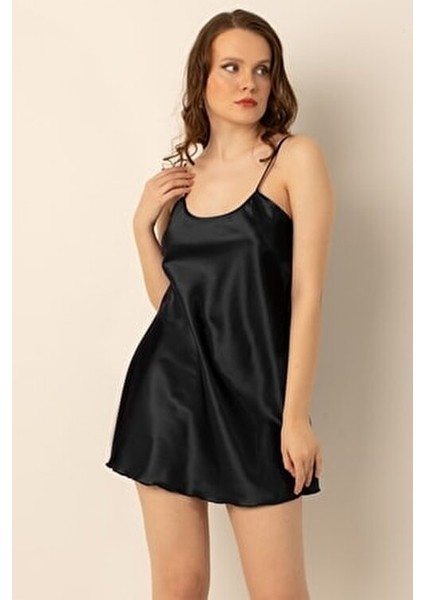 Kısa Saten Gecelik İnce Askılı Kadınlar İçin Şık Tasarım Siyah Renk indirimleri