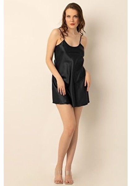 Kısa Saten Gecelik İnce Askılı Kadınlar İçin Şık Tasarım Siyah Renk