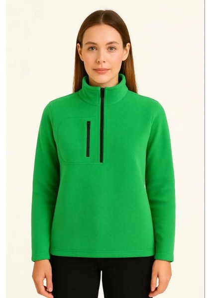 Kadın Polar Kazak – Dik Yaka, Yarım Fermuarlı, Fermuarlı Göğüs Cepli, Siyah Biyeli, Kışlık Rahat Regular Fit Günlük fiyatları