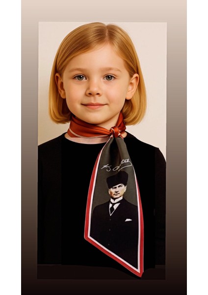 Atatürk Fotoğraflı Imzalı ve Türk Bayraklı Çocuk Kravat / Fular