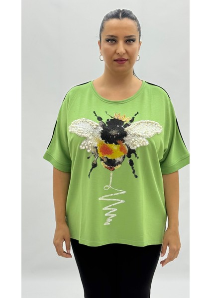 Büyük Beden Arı Motifli Taşlı Inci Detaylı Oversize Kısa Kol Kadın Tişört