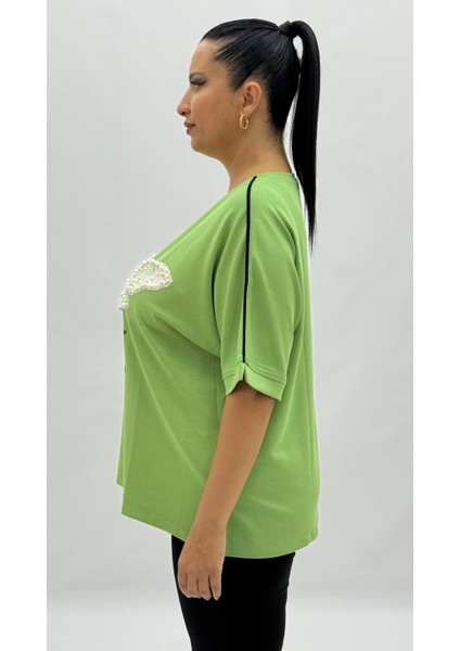 Büyük Beden Arı Motifli Taşlı Inci Detaylı Oversize Kısa Kol Kadın Tişört modelleri