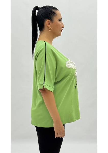 Büyük Beden Arı Motifli Taşlı Inci Detaylı Oversize Kısa Kol Kadın Tişört indirimleri