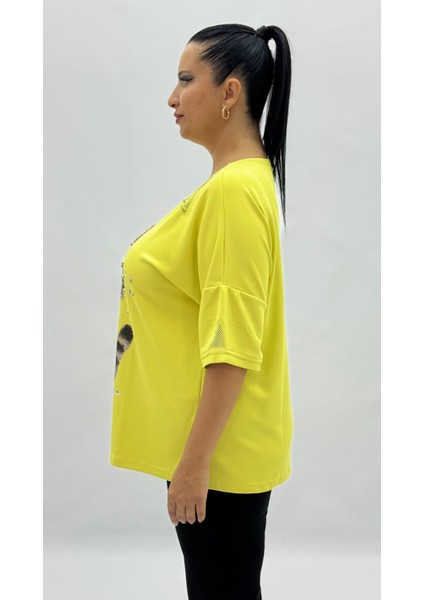 Büyük Beden Kedi Grafikli Taşlı File Detaylı Oversize Kısa Kol Kadın Tişört modelleri