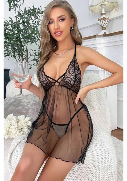 Siyah Dantel Detaylı Transparan Gecelik – Şifon Kumaş, Zarif ve Seksi Tasarım