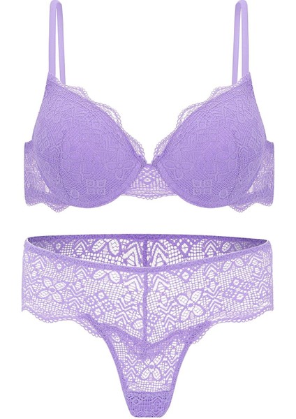 Anna 2735 Dantelli Dekolte Dolgulu Push-Up Sütyen ve Külot Takımı- Lila