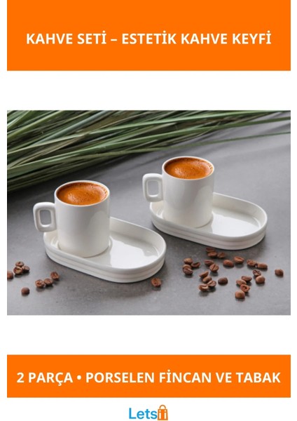 Şık Tasarımlı Yüksek Kalite Porselen 2 Adet Kahve Fincanı ve Oval Tabak Seti