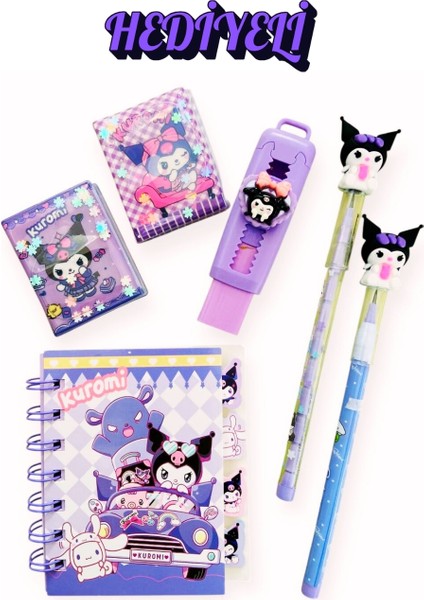 Kuromi Set Not Defteri 2'li Yumurtlayan Kalem Sürgülü Silgi 2'li Mini Sticker Defter Seti