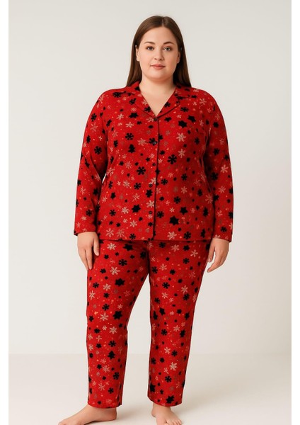 Kadın 02170 Büyük Beden Süet Düğmeli Pijama Takımı Kırmızı