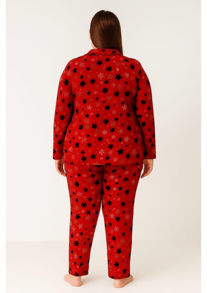 Kadın 02170 Büyük Beden Süet Düğmeli Pijama Takımı Kırmızı fiyatları