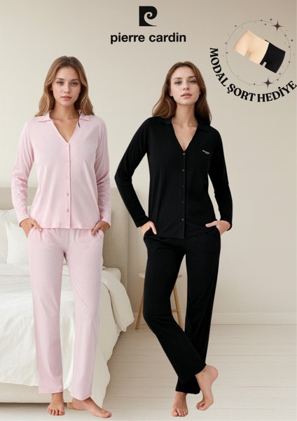 Kadın Giyim 2 Adet Pamuklu & Modal Uzun Kol Gömlek Pijama Takımı (Modal Şort Hediyeli)