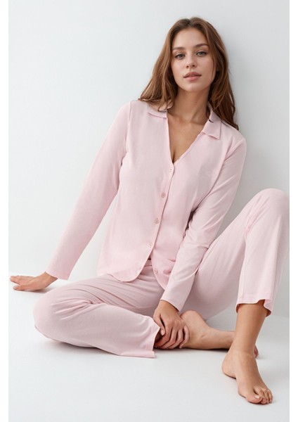 Kadın Giyim 2 Adet Pamuklu & Modal Uzun Kol Gömlek Pijama Takımı (Modal Şort Hediyeli) modelleri