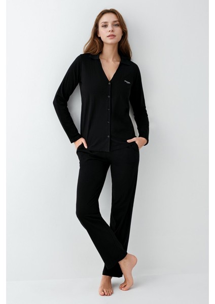 Kadın Giyim 2 Adet Pamuklu & Modal Uzun Kol Gömlek Pijama Takımı (Modal Şort Hediyeli)